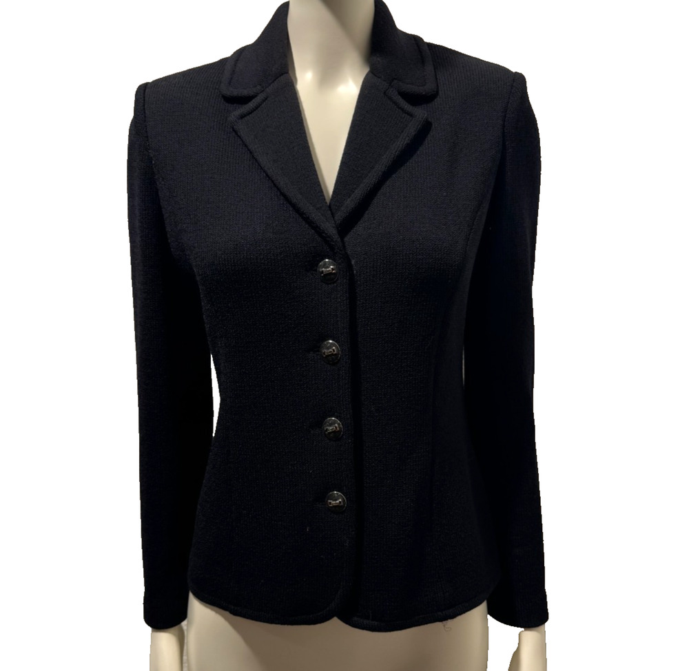 St John Collection Black Santana Knit Blazer Jacket Button Sz 2 Preppy Classic